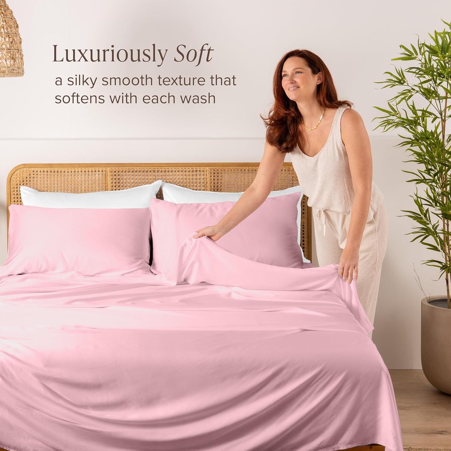 Bare Home 100% Rayon Made from Bamboo King Sheet Set - 4 Piece Bedding Set - Deep Pockets - Breathable - Easy Fit - Bedding Sheets & Pillowcases (King, Light Pink)