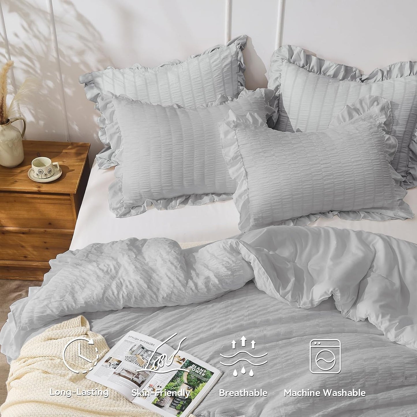 JOLLYVOGUE Light Grey Queen Comforter Set, 3 Pieces Seersucker Comforters Queen Size, Lightweight & Fluffy Bedding Sets Queen for All Season with 1 Ruffle Comforter and 2 Ruffle Pillowshams