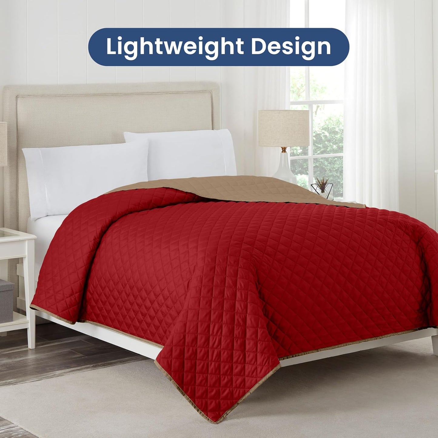 Martex Reversible Coverlet – King Bed Quilt – Lightweight King Size Bedding – Durable King Size Quilts for Bed – Soft - Easy Care Bedding – Khaki/Red
