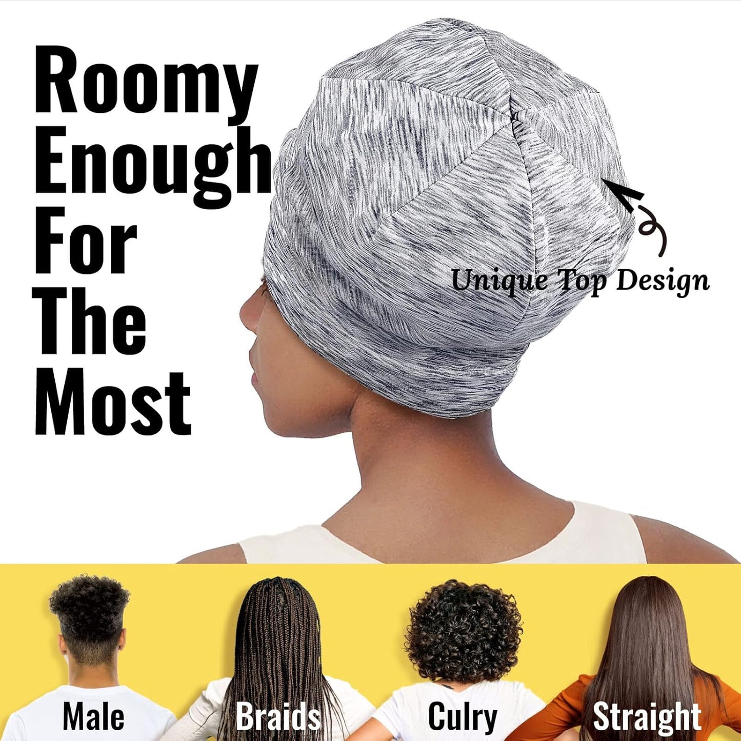 Satin Lined Sleep Cap Bonnet for Curly Hair and Braids, Stay On All Night Hair Wrap with Adjustable Strap for Women and Men, Light Grey and White, Pack of 1