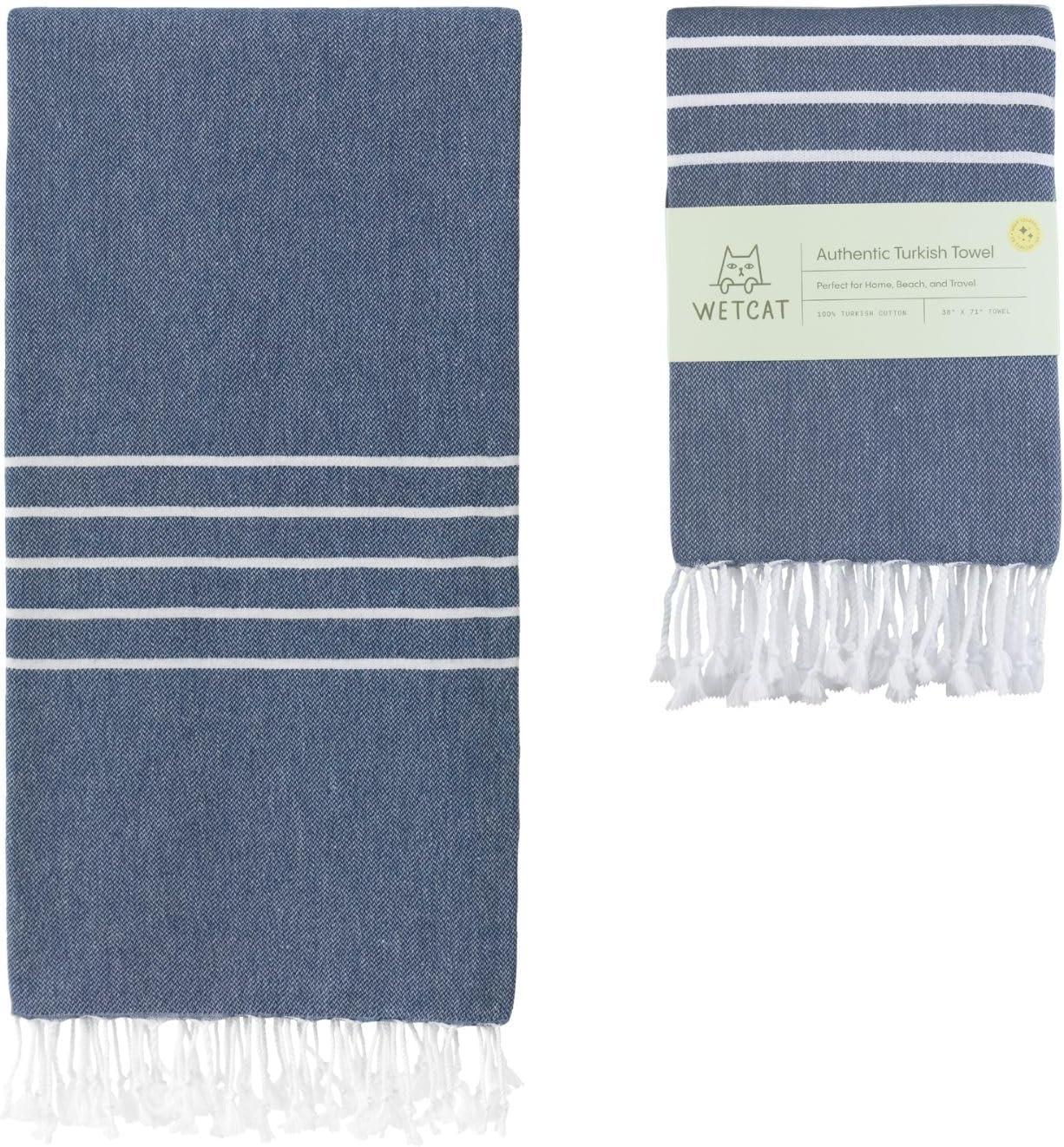 WETCAT Turkish Beach Towel Oversized (38"x71") 100% Turkish Cotton, Made in Turkey - Sand Free, Extra Large, Ultra Soft, Quick Drying, Compact & Lightweight for Travel - Navy Blue