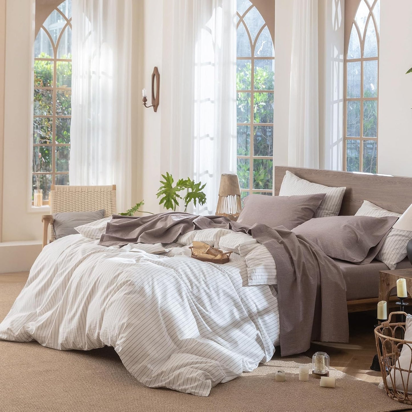 MooMee Bedding Sheet Set 100% Washed Cotton Linen Like Textured Breathable Durable Soft Comfy (Heathered Mauve Brown, Twin)
