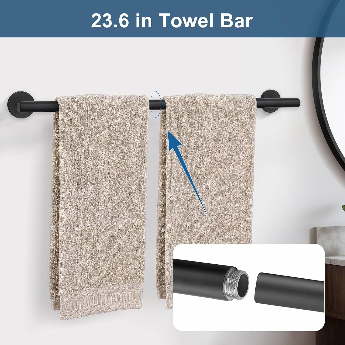 5 Pieces Matte Black Round Towel Bar Set Bathroom Hardware Accessories Set Upgraded Toilet Paper Holder Towel Racks Set for Bathroom Stainless Steel Wall Mounted 23.6 in