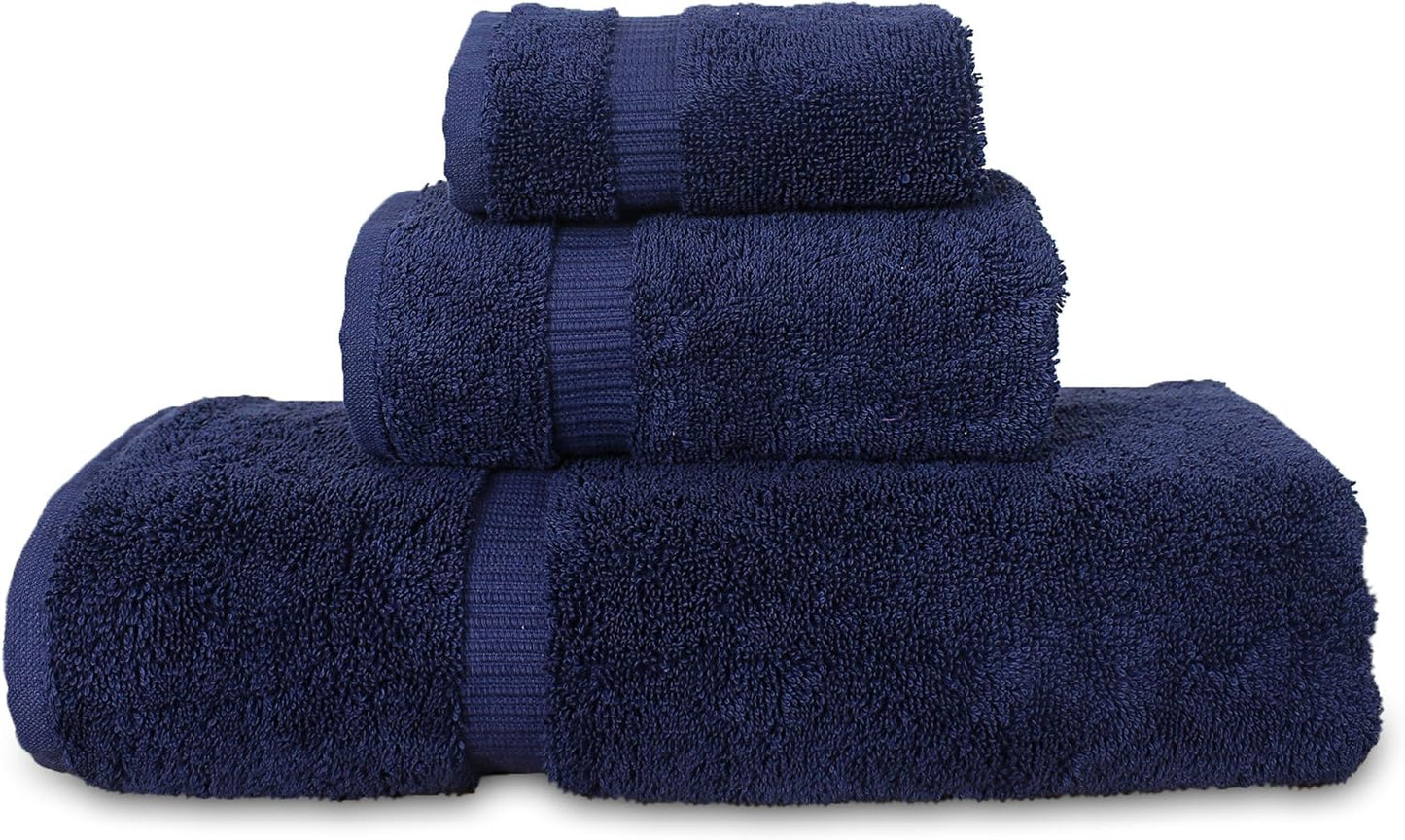 Luxury Hotel & Spa Quality Collection, Quick Dry 100% Turkish Cotton, 750+ GSM, Eco Friendly Towel Set, Bathroom and Kitchen Dobby Border Towels, Bath Towel, Hand Towel, Washcloths (3 Piece, Navy)