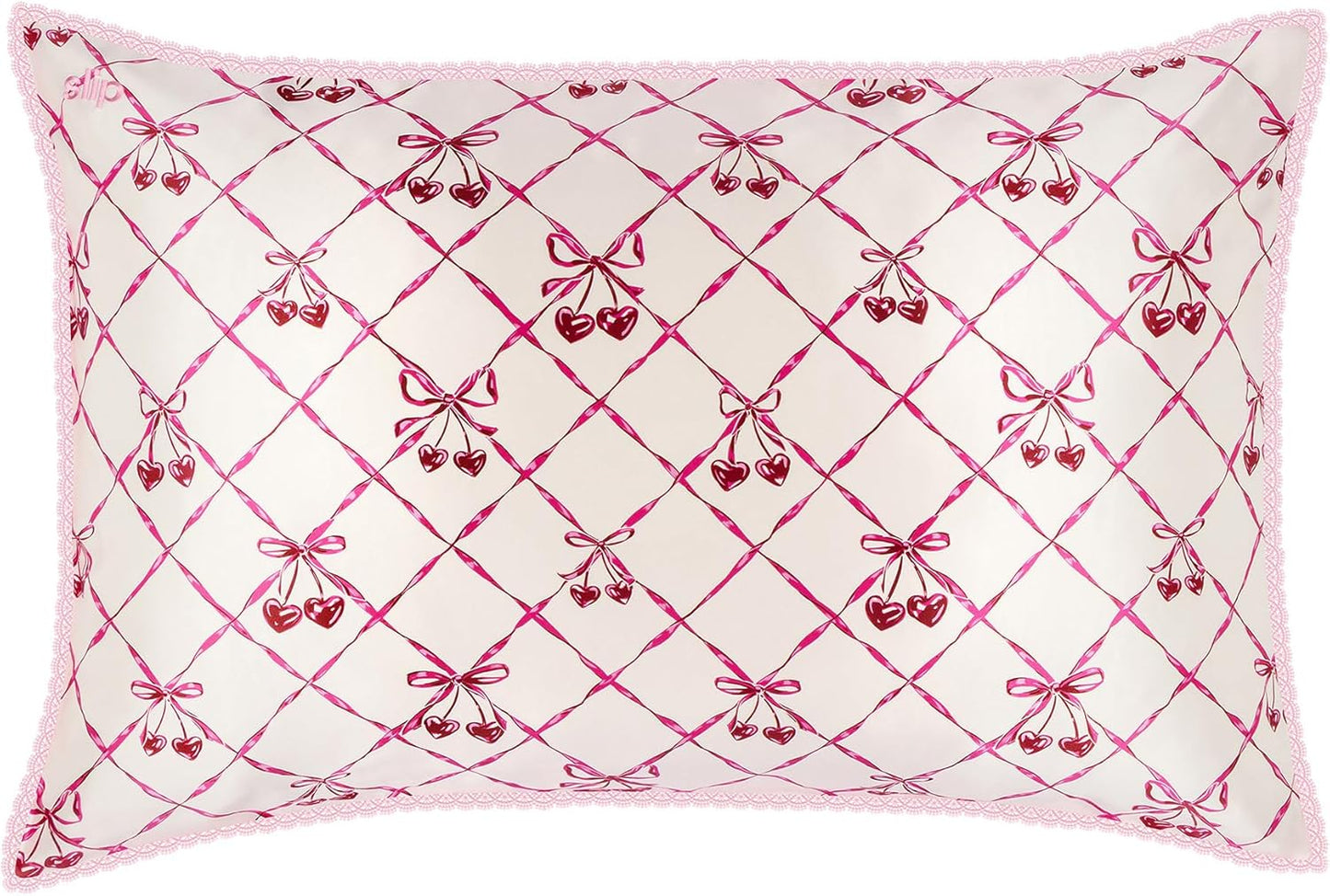slip Queen Silk Pillowcase – Sweet Cherry Limited Edition with Lace Trim – 100% Pure Mulberry Slipsilk™ – Anti-Frizz, Anti-Crease, Anti-BedHead