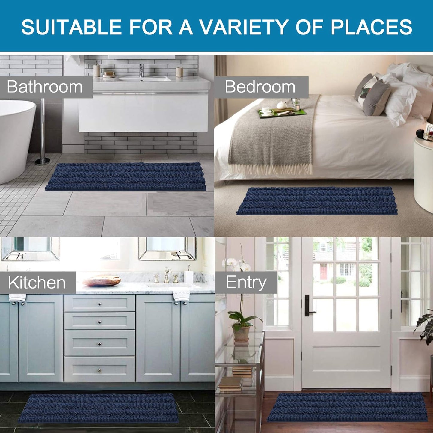 H.VERSAILTEX Bathroom Rugs Bath Mat Runner Rug Non Slip Kitchen Rug Extra Long Bath Rug Runners Oversized 59" x 20" Absorbent Washable Dry Fast Plush Area Rug for Bathroom/Bedroom - Navy