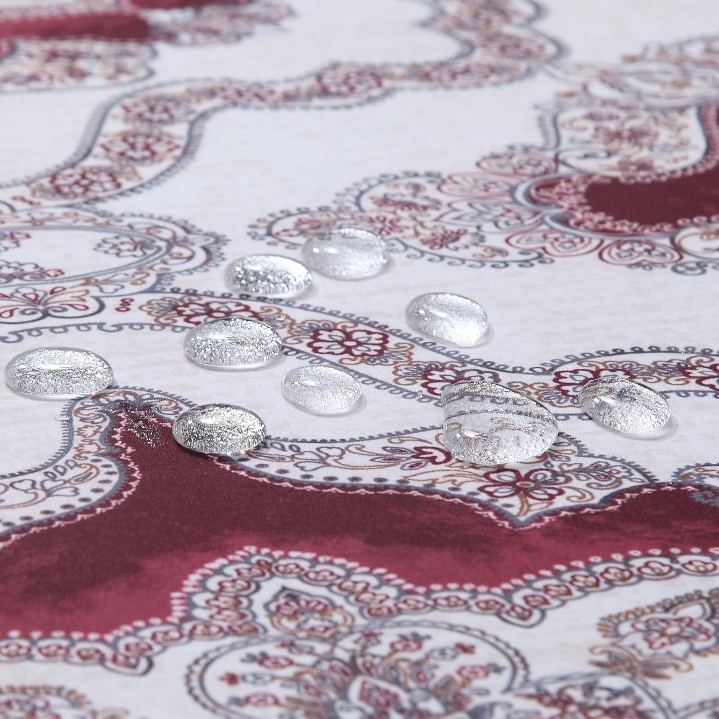 Extra Long Burgundy Shower Curtain 90 Inches, Water Repellent Fabric with Medallion Pattern, 12 Metal Grommets & Weighted Hem