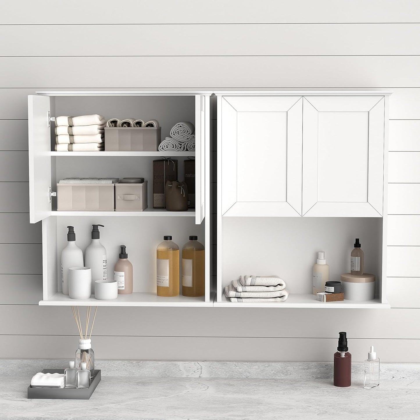 Bathroom Wall Cabinet Wooden with 2 Doors,Over the Toilet Storage Cabinet,Bathroom and Laundry Wall Mount Storage Medicine Cabinet with Open and Adjustable Shelf,Easy Assembly (Style A-2 PC, White)