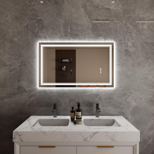 Bathroom Mirror with Lights 24"X40" with Front Light and Backlit, Tempered Glass, Wall Mount Horizontal/Vertical, Stepless Dimmable, 3 Colors, Anti Fog, Bathroom Memory LED Mirror