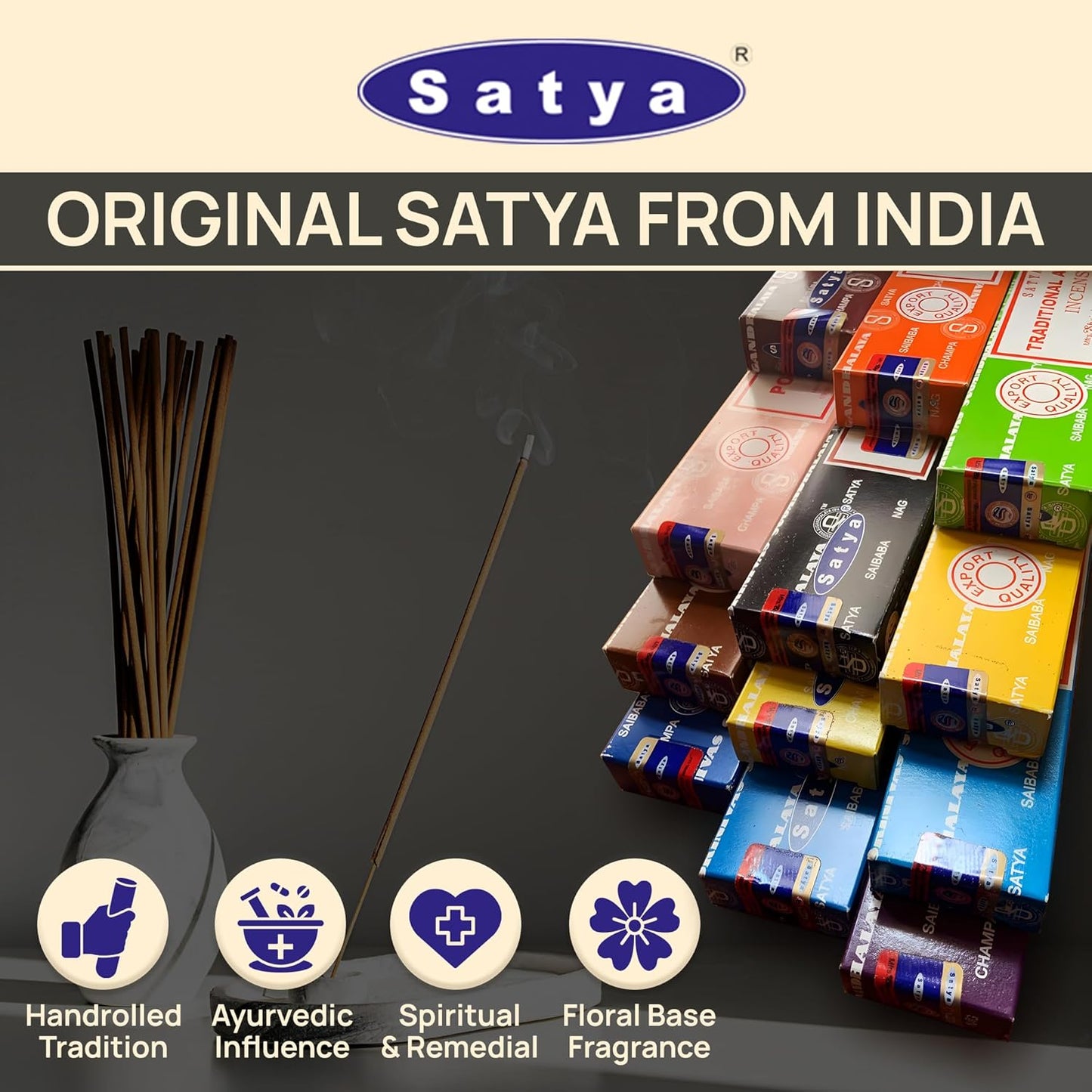 Satya Incense Sticks - Nag Champa, Namaste, Positive Vibes, Tantra, Buddha Blessing, Aura Cleansing, Chakra, Pyramids, Reiki, Karma, Spiritual, Traditional Ayurveda, Pack of 12 Assorted Fragrances