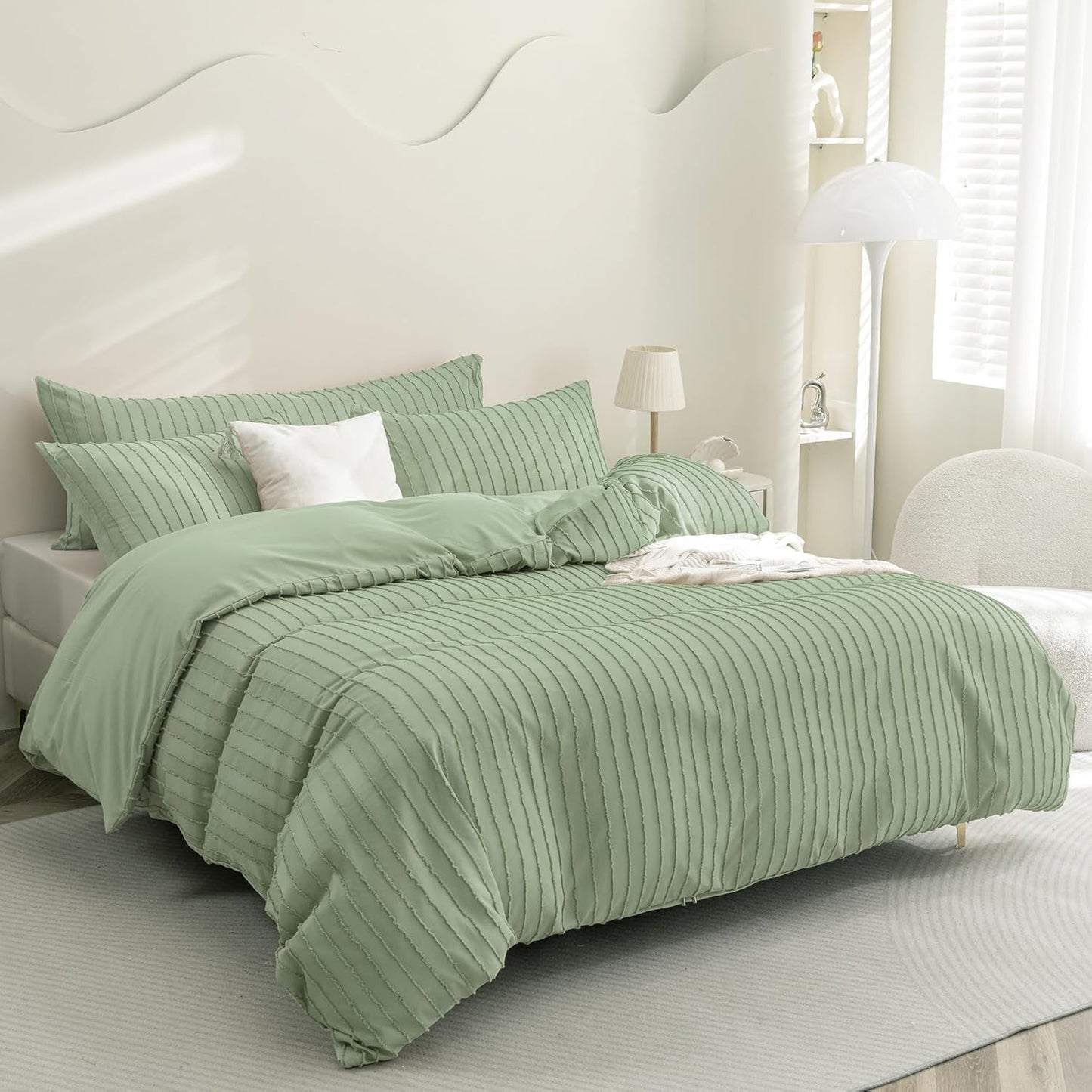 JELLYMONI Duvet Cover Queen Size Light Green - 3PCS Boho Striped Duvet Cover Set Polyester Tufted Bohemian Textured Comforter Cover 90×90in with Corner Ties & Zipper and 2 Pillowcases