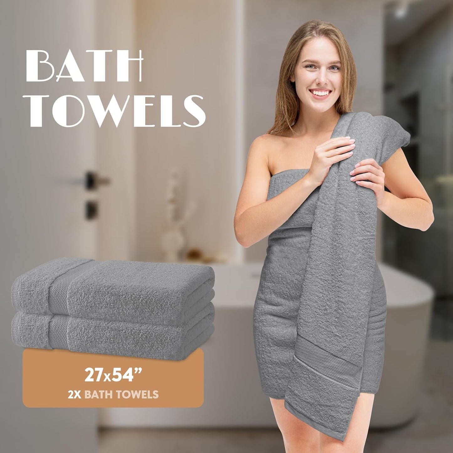Light Gray Bath Towel Set of 6 - 100% Cotton Highly Absorbent Towels for Bathroom, 2 Luxury Bath Towels 650GSM, 2 Hand Towels, 2 Washcloths