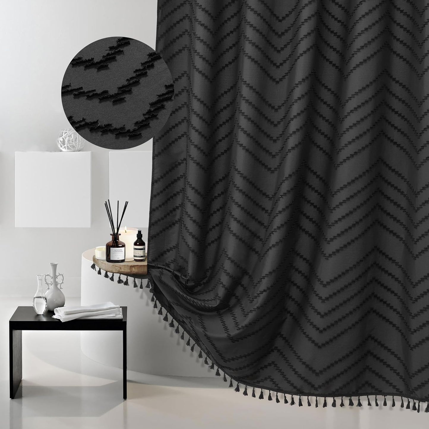 78 inch Shower Curtain Long Shower Curtain Black Tufted Chevron Striped Tall Fabric Boho Shower Curtains for Bathroom Modern Shabby Chic Waterproof Cloth Shower Curtains