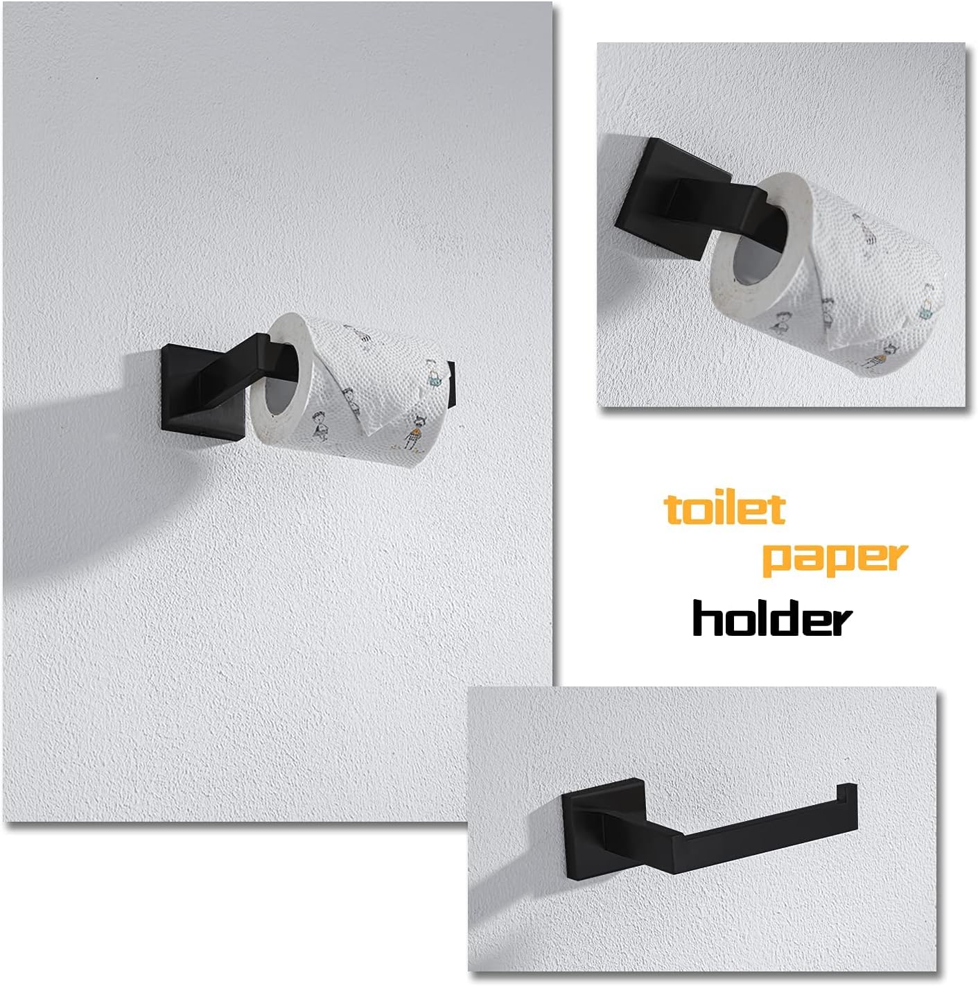 4-Piece Bathroom Hardware Set, Towel Rack Towel Bar Towel Holder Toilet Paper Holder Matte Black Towel Hooks Modern Square Stainless Steel Wall Mounted Bathroom Accessories Set (16inch)