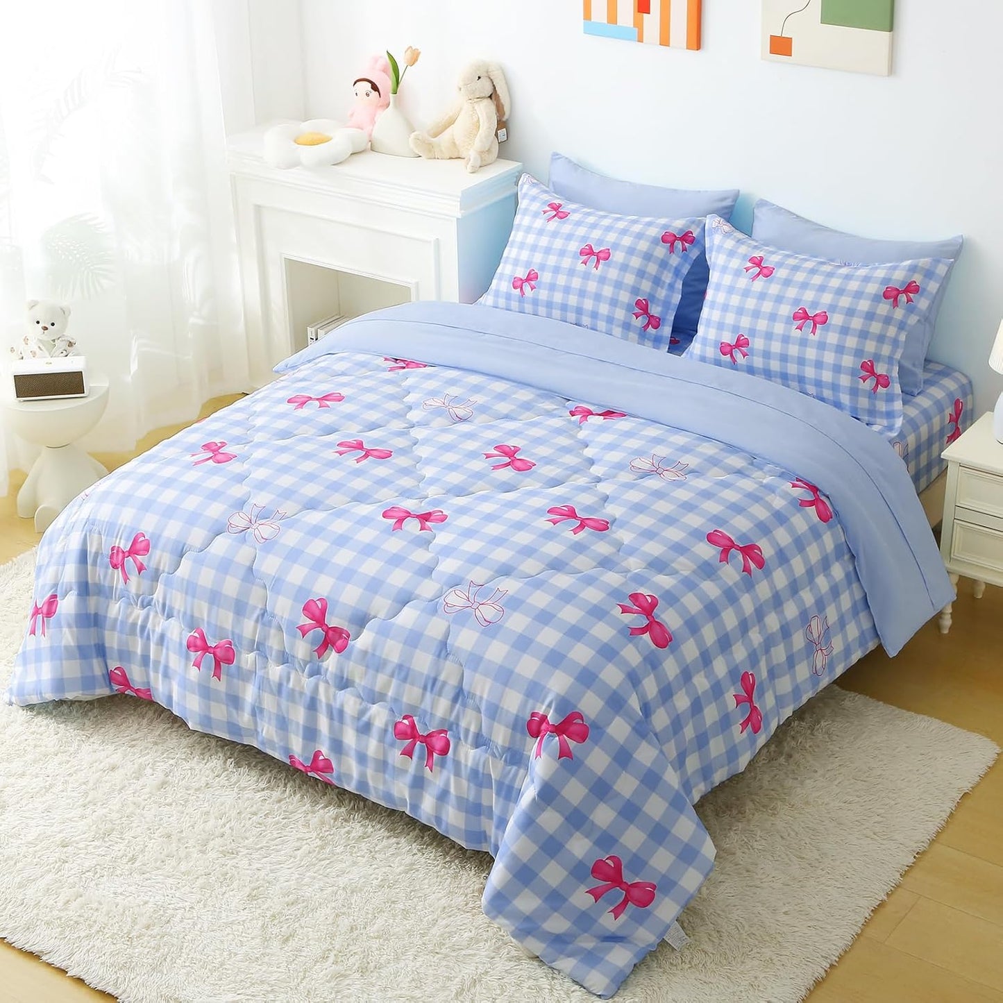 Wajade Bow Comforter Set 7 Piece Blue White Plaid Comforter Sets for Girls Kids Twin Size Checkered Bedding Set with Sheet and 2 Pillowcases 2 Pillow Shams Cute Girls Bed in a Bag as Birthday Choice