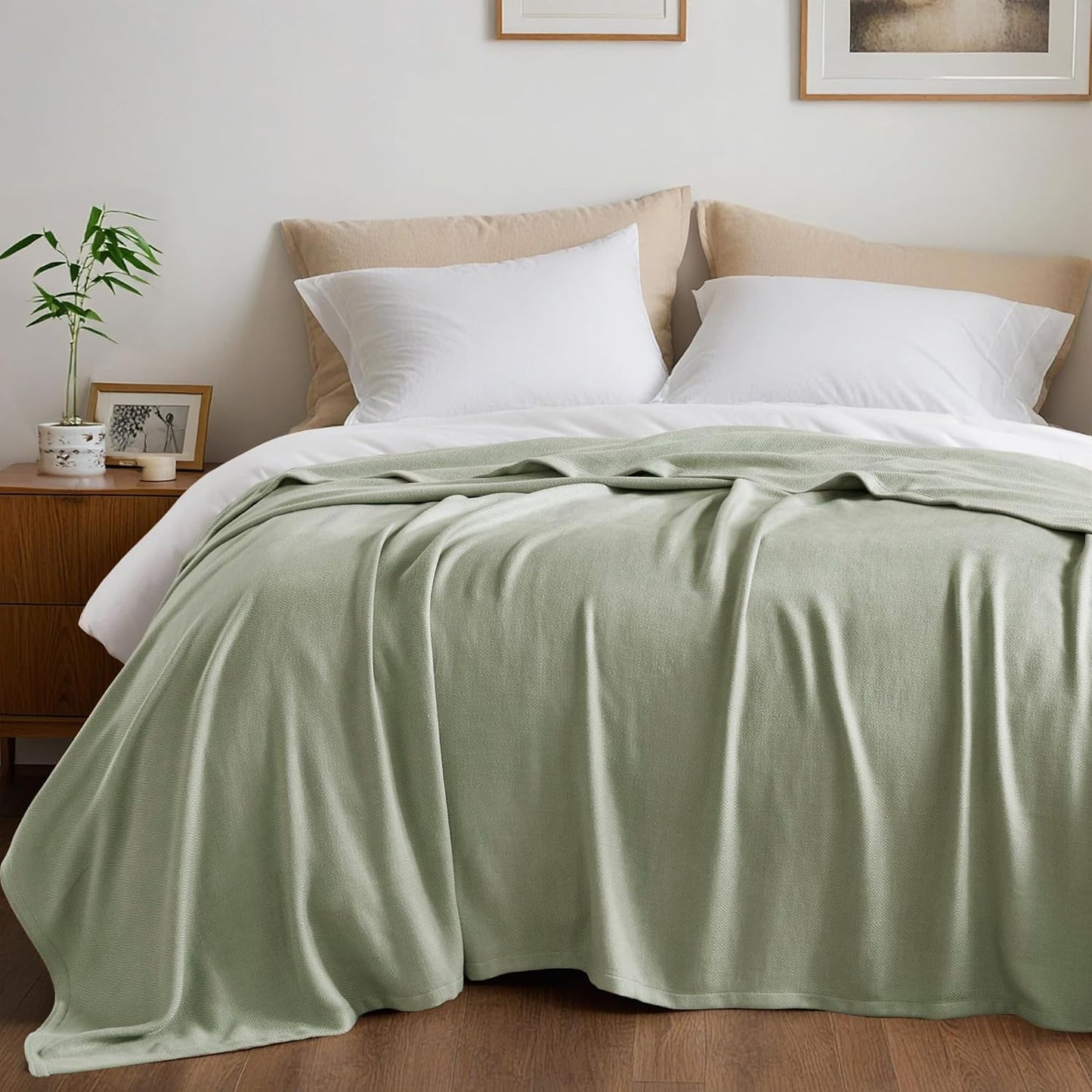 Queen Size Blanket, 70% Rayon (Derived from Bamboo) and 30% Cotton, Lightweight Jacquard Weave, Breathable and Soft Summer Blanket for Bed or Couch, 90” x 90”, Sage Green
