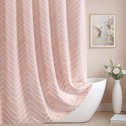 Extra Long Blush Pink Boho Shower Curtain Cute Shower Curtain Textured Tufted Chevron Striped Minimalist 72 x 96 Bathroom Shower Curtains