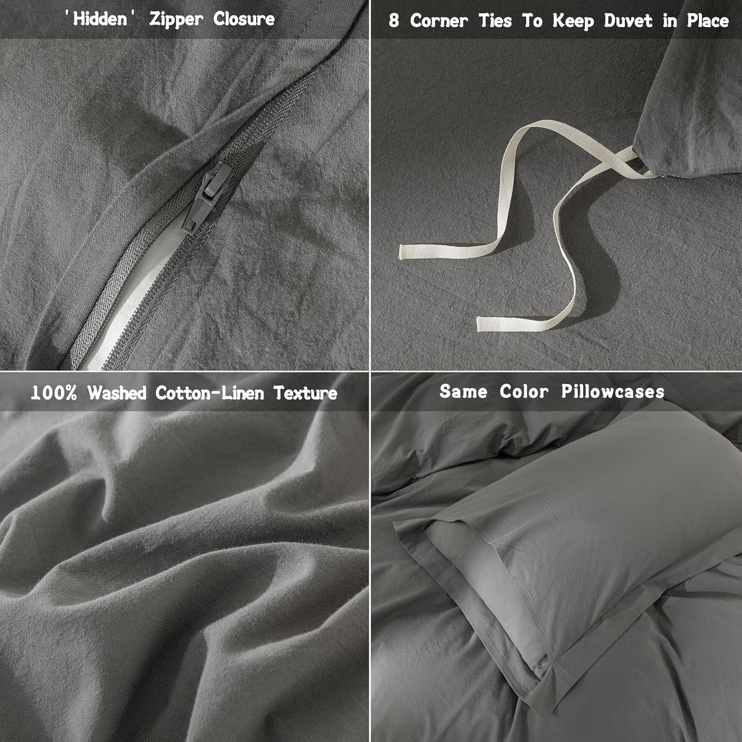 100% Washed Cotton Duvet Cover Queen Size Dark Grey Bedding Set Cover 1 Duvet Cover with Zipper Closure and 2 Pillowcases, 90inch x 90inch