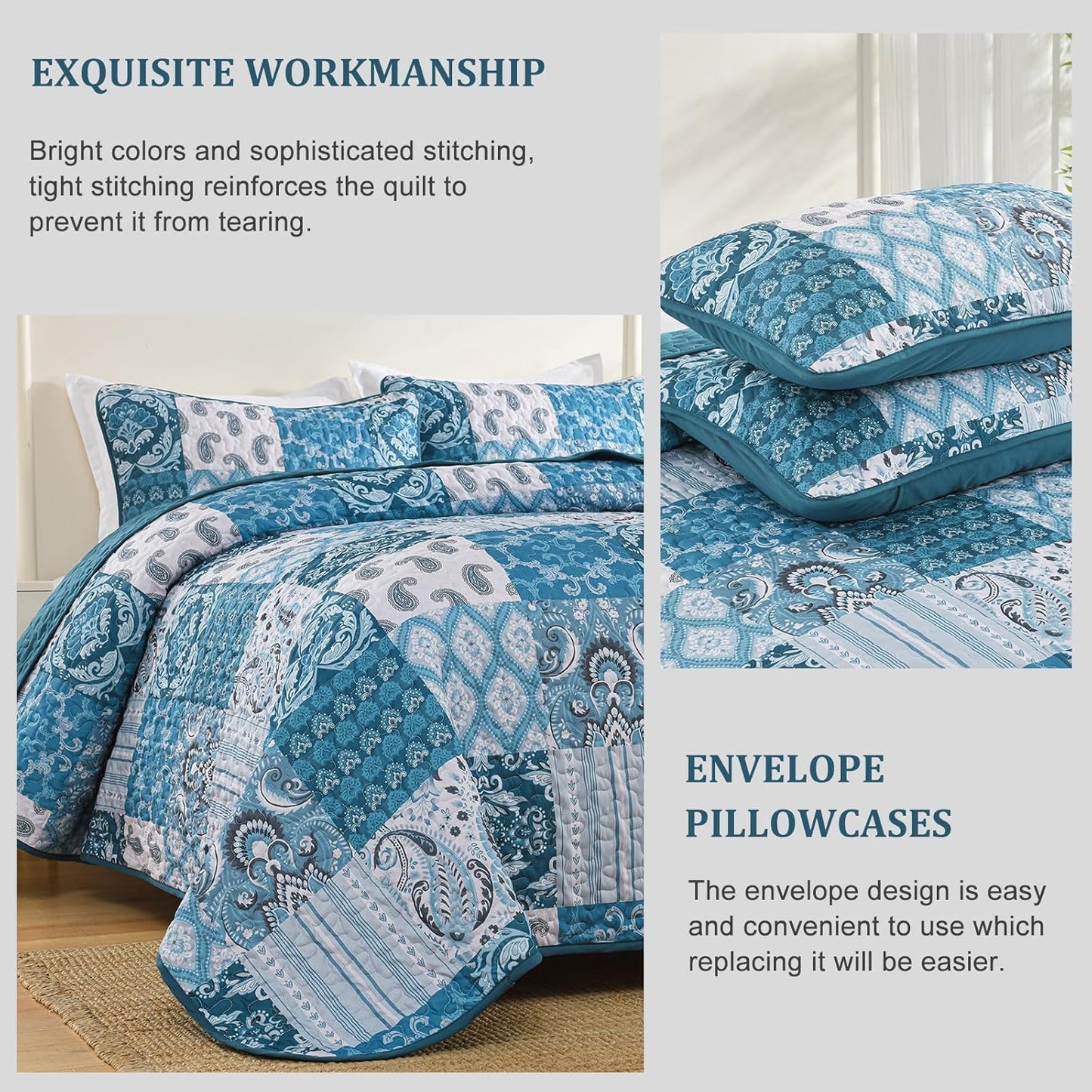 WONGS BEDDING Boho Quilt Set Queen Size,Teal Blue Plaid Patchwork Bedspread Bedding Set Soft Microfiber Quilt for Queen Bed Reversible 3 Pieces Coverlet Set for All Season (96"x90")