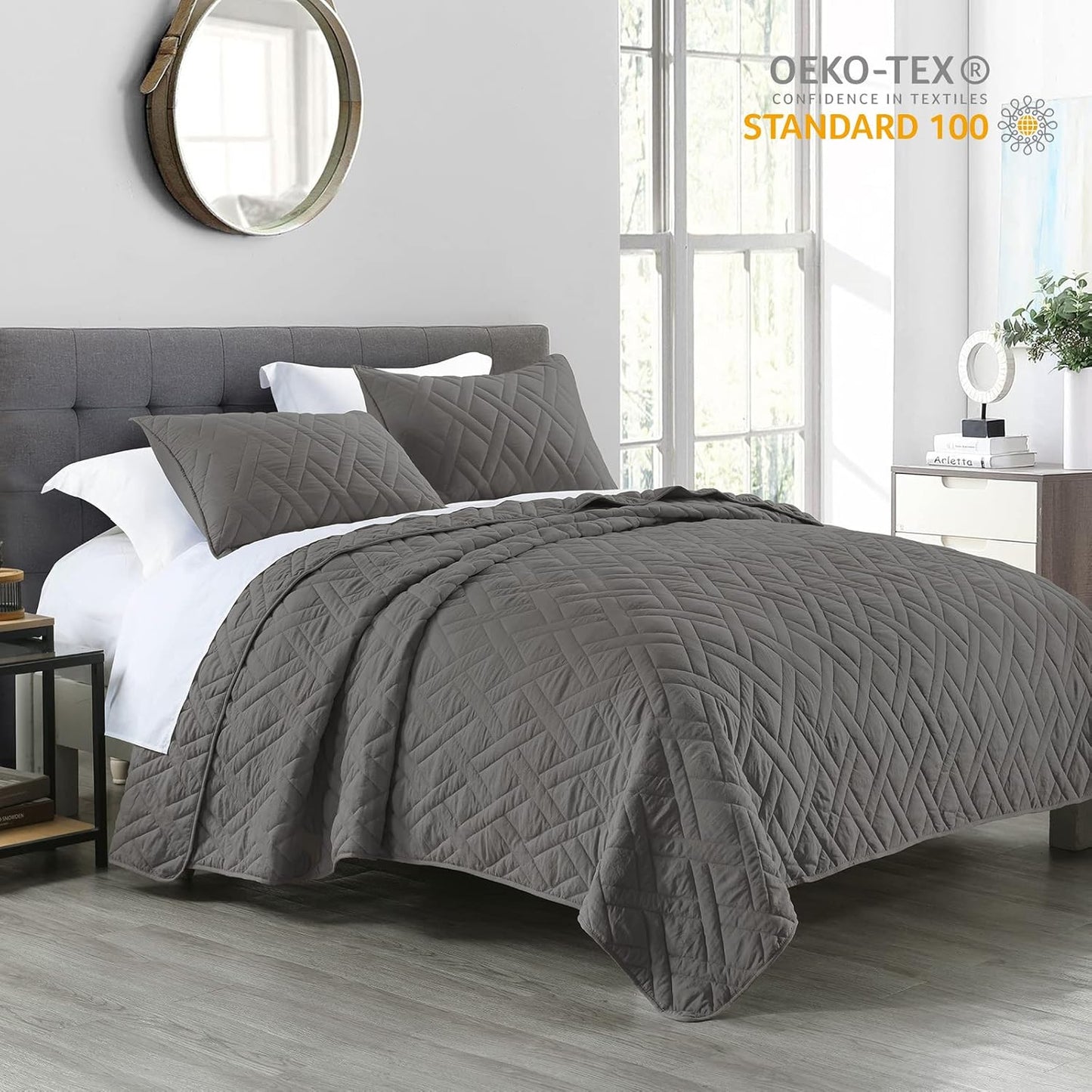 HORIMOTE HOME Quilt Set Queen Size Grey, Classic Geometric Diamond Stitched Pattern, Microfiber Ultra Soft Lightweight Bedspread Coverlet for All Season, 3 Piece Includes 1 Quilt and 2 Shams