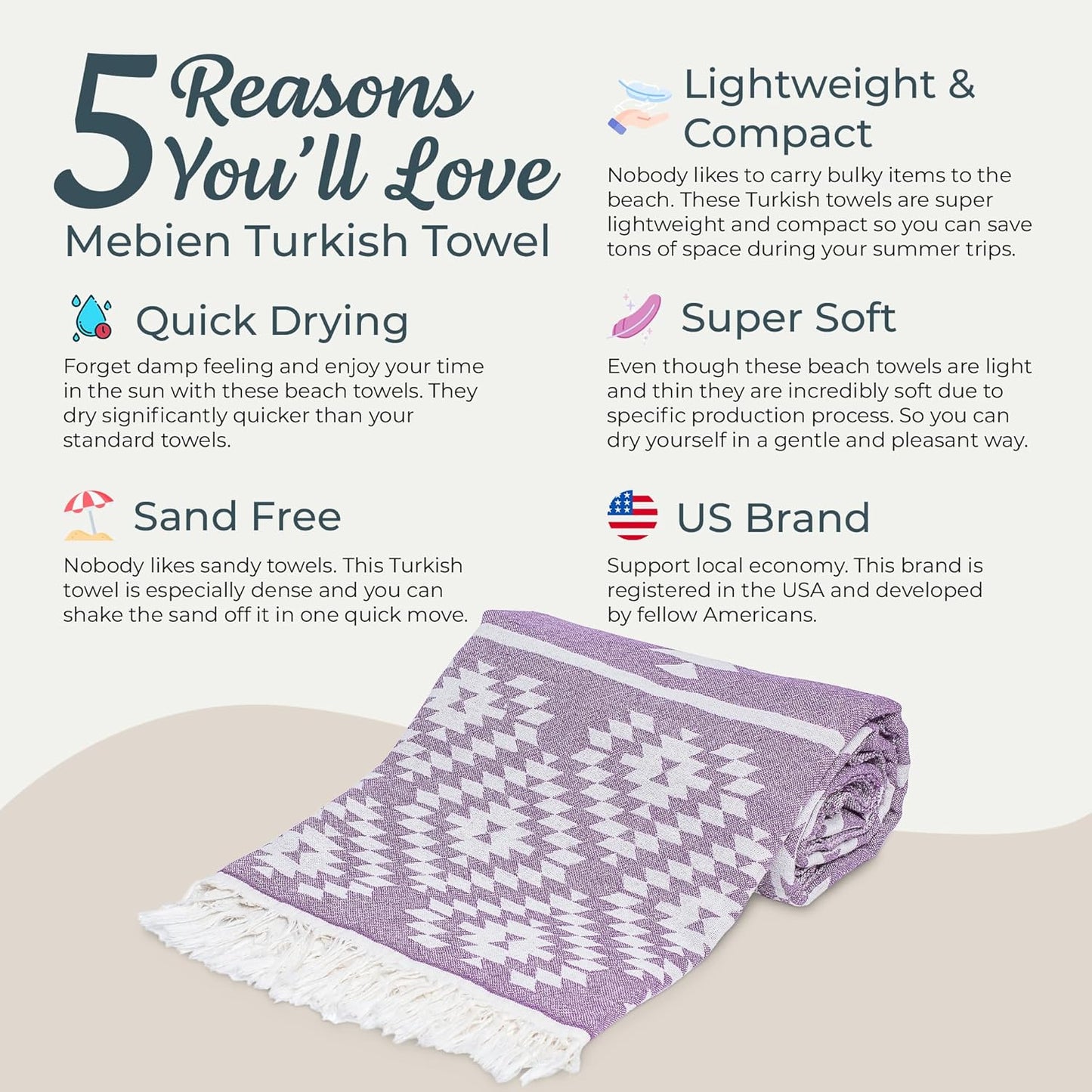 Turkish Towels Beach Towels Oversized (35”x67”) Beach Towels for Adults Quick Dry and Sand Free Beach Towel Beach Blanket 100% Cotton Turkish Towel - Lilac Purple