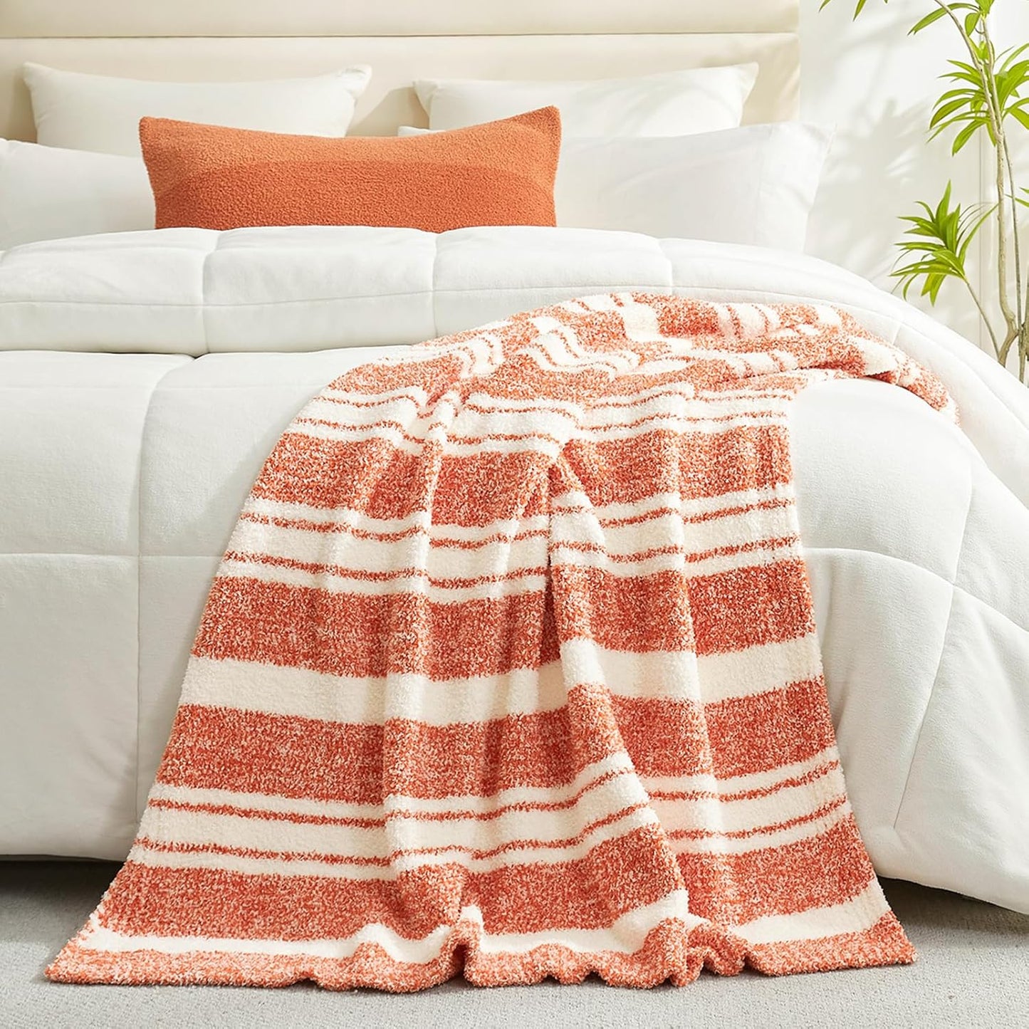 Snuggle Sac Orange Bedding Blanket Ultra Soft Microfiber, Warm Cozy Knit Blankets for Sofa, Bed, Living Room, Stripe Orange, 60x80 inches