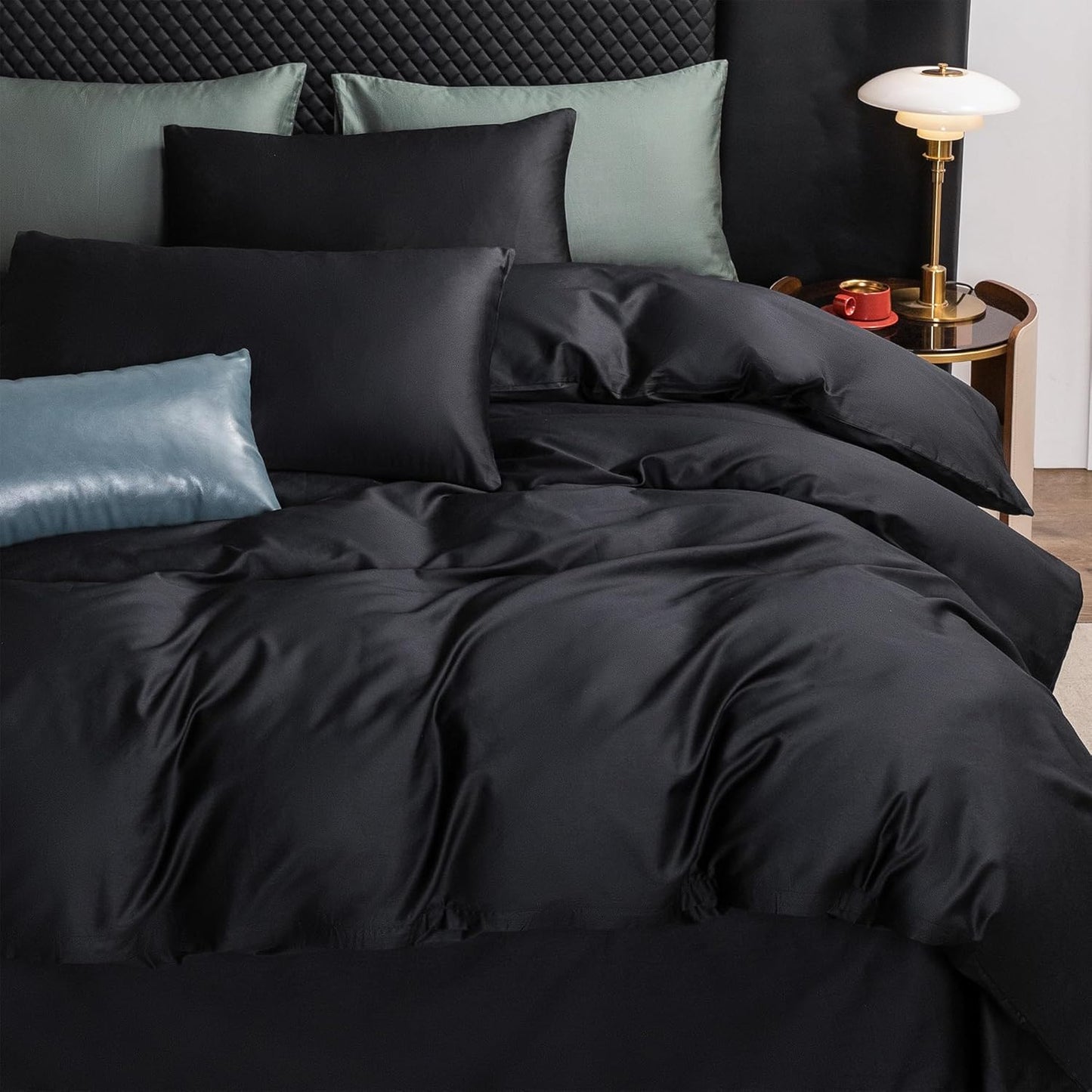 MooMee Duvet Cover Set 100% Extra Long Staple Cotton 600 Thread Count Silky Sateen Smooth Luxury Soft Breathable Durable Hotel Quality Bedding, 2 Pieces (Black,Twin 68"x90")
