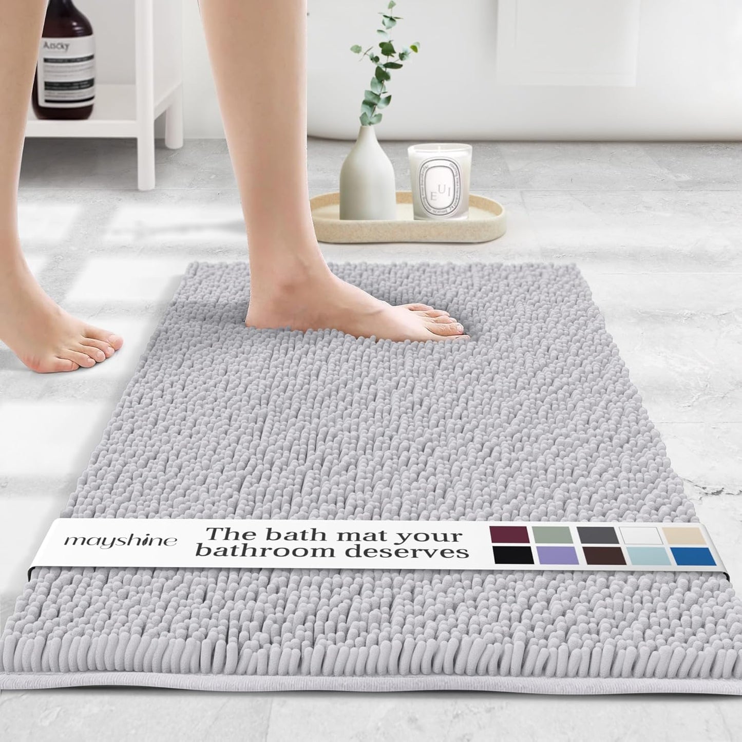 MAYSHINE Plush Shaggy Chenille Bath Mat | Extra Soft, Super Absorbent, Non-Slip Bathroom Rug | Fluffy Microfiber, Area Rug Sets for Bathroom Floor, Kitchen, Living Room | 23"x14" | White