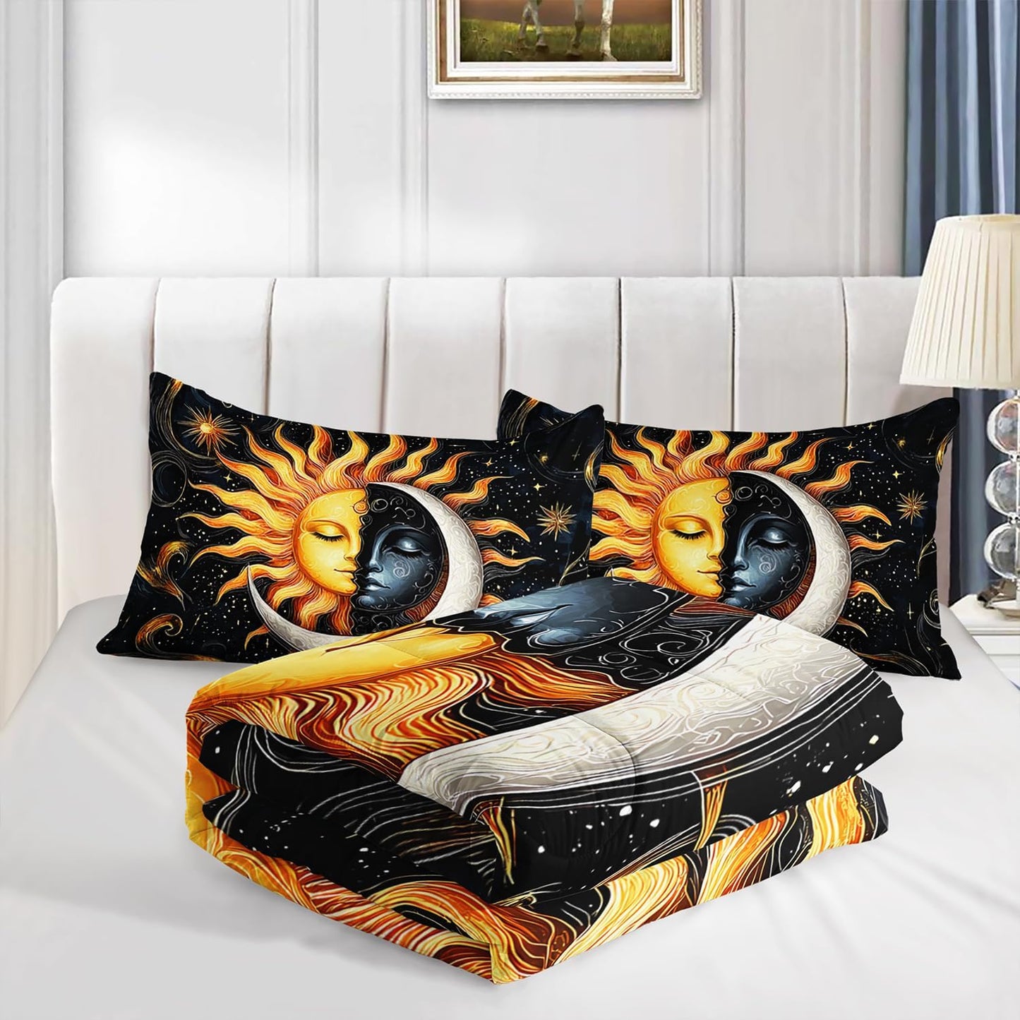 Sun and Moon Bedding Set Full Size,Yellow Galaxy Celestial Bedding for Kids Boys Girls Teens Room Boho Decor,Black and Yellow Fluffy Comforter Sets with 2 Pillowcases.