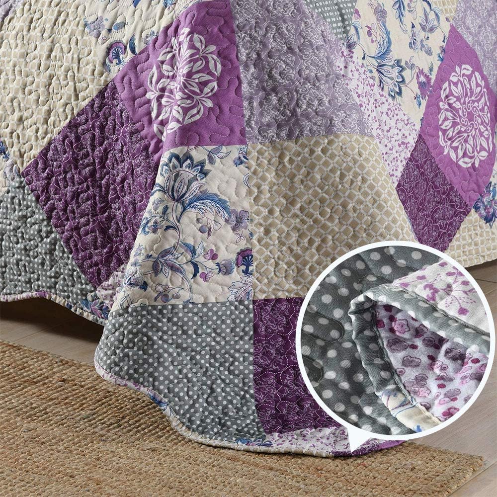 ENJOHOS Purple Patchwork Quilt Queen Size, 3Pc Floral Plaid Queen Bedspread Coverlet Set for All Seasons, Soft Reversible Microfiber Lightweight Bed Cover