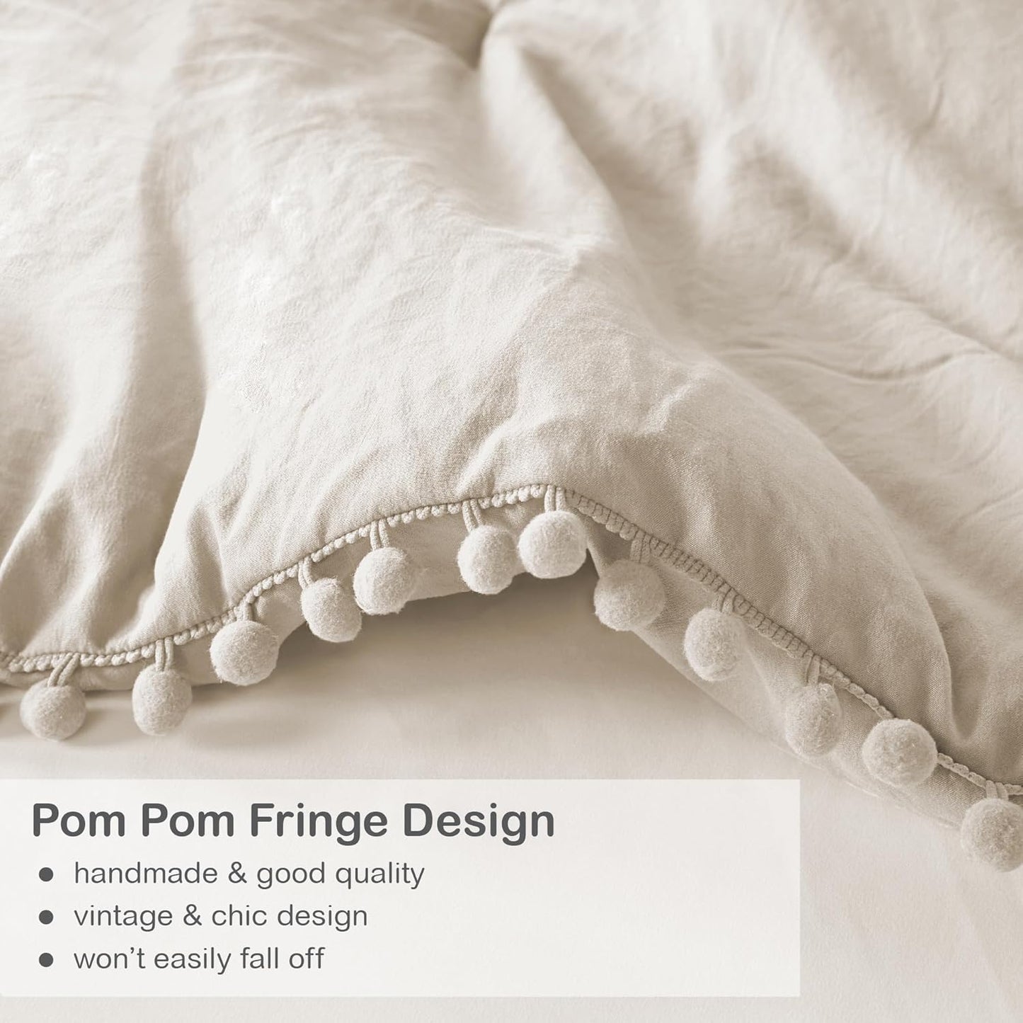 Codi Beige King Comforter Set - Boho Chic Bedding with Pom Fringe, Soft Washed Microfiber Taupe 3-Piece Set, 1 Comforter & 2 Pillowcases, Lightweight Luxury, King Size
