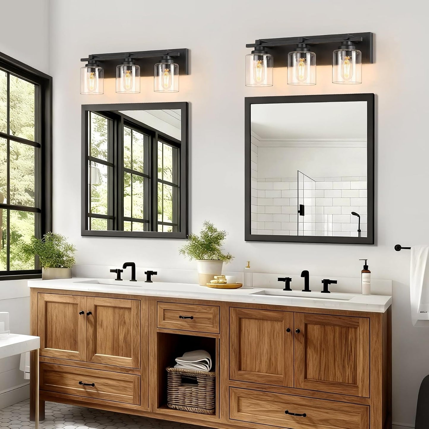 3 Light Modern Bathroom Light Fixtures Over Mirror, Black Vanity Lights for Bathroom Wall Sconces with Clear Glass Shades, E26 Socket (Bulbs Not Included)