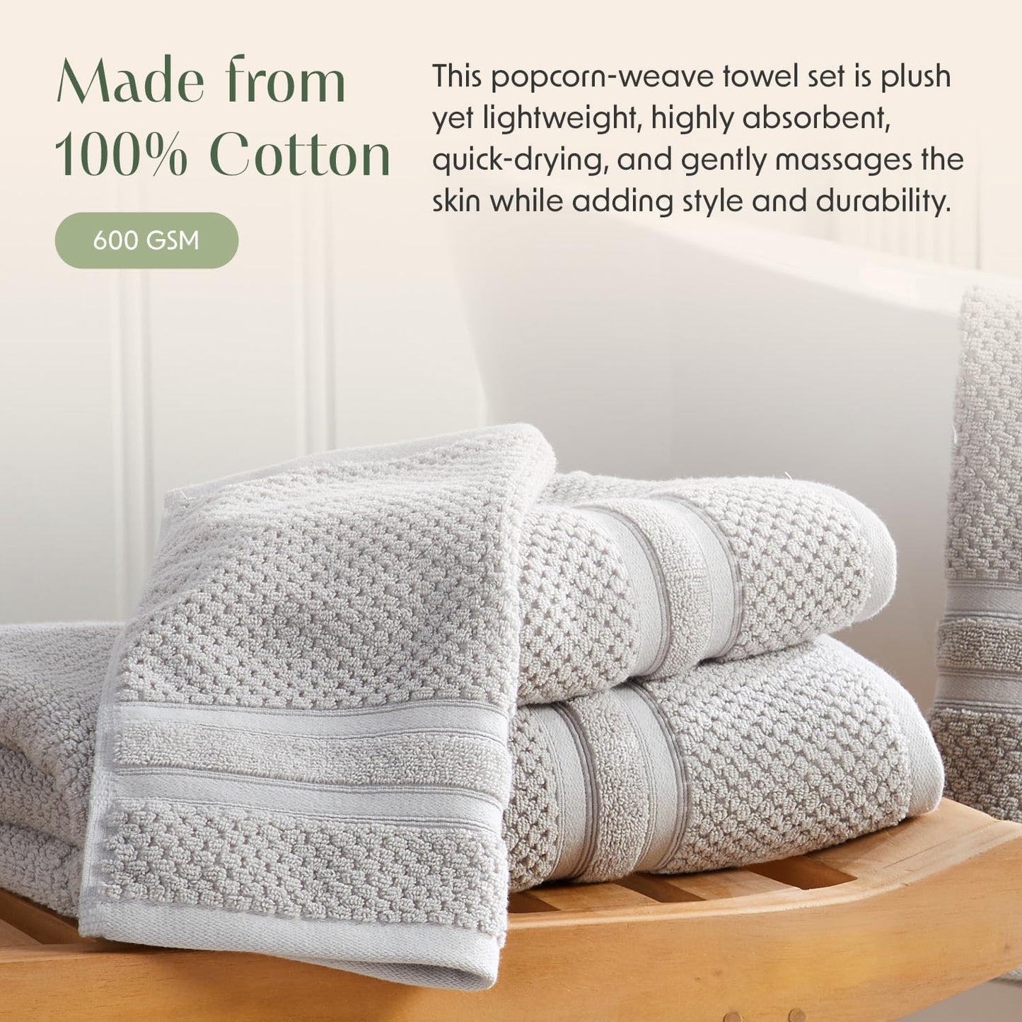 Springtree Home Grey Bath Towels Set of 4 | Popcorn Textured | 100% Combed Cotton | Absorbent Quick-Dry Gray Towels for Bathroom | Oeko-TEX® Standard 100 Cotton | Poli Collection - High Rise Grey
