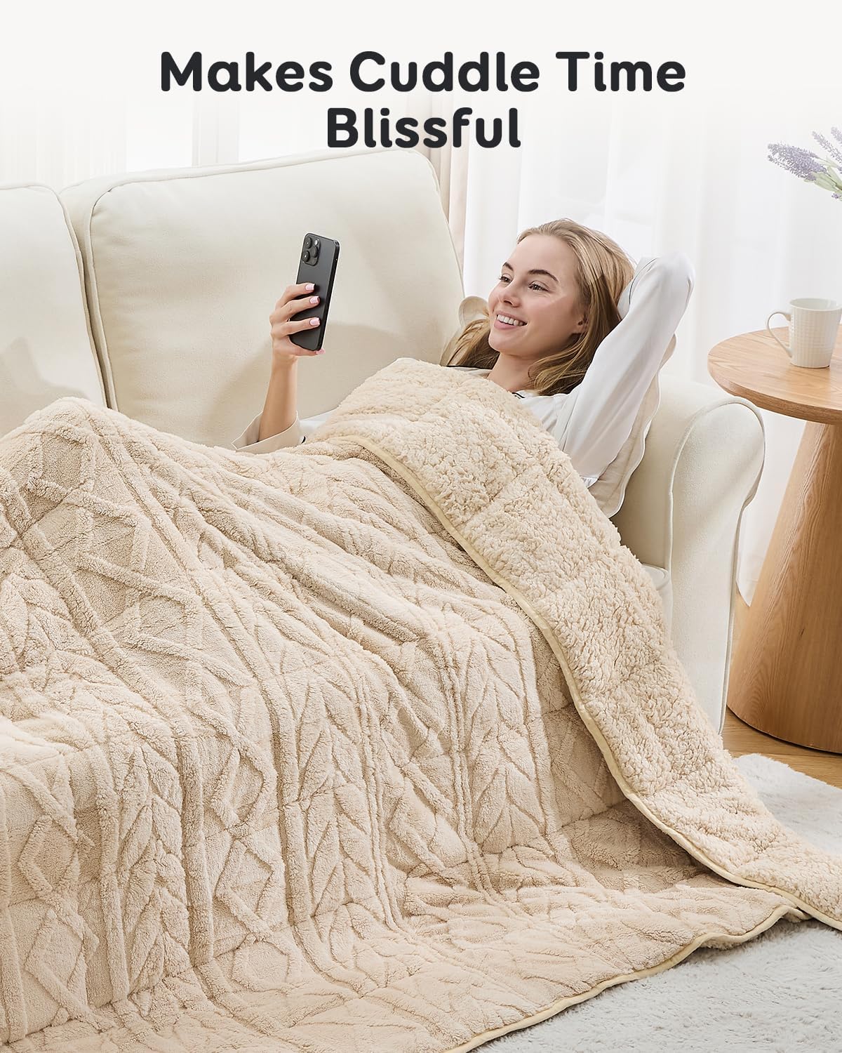 Sivio Weighted Blanket Full Size 15 lbs for Adults, Sherpa Fleece Weighted Blanket Jacquard Heavy Blanket for Sleeping, Reversible Super Soft Warm Cozy Fluffy Blanket for Adult， 48 x 72inches, Khaki