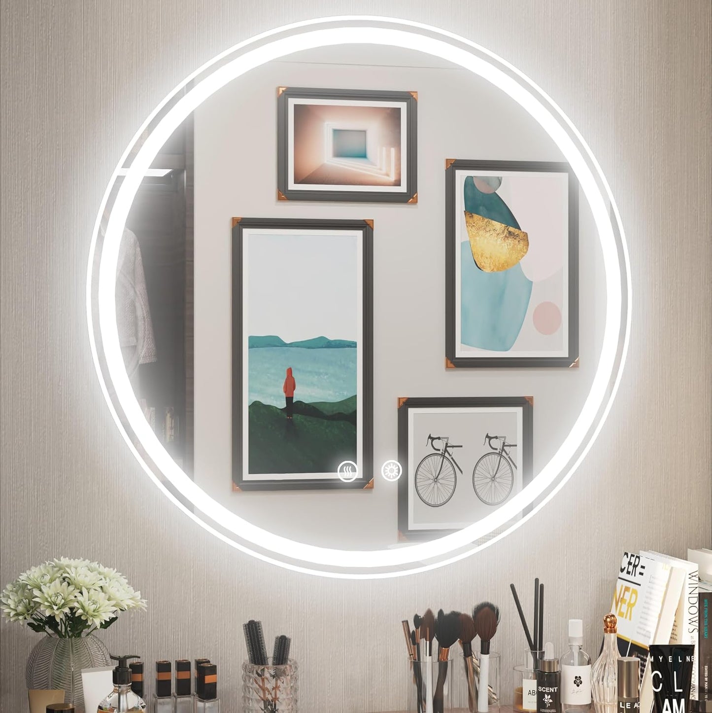 28-Inch Frameless Round LED Bathroom Mirror with Anti-Fog, Memory Function, Dimmable Front & Backlit Lights, 6000K Daylight, 5mm HD Glass, Touch Control