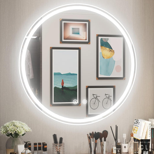 28-Inch Frameless Round LED Bathroom Mirror with Anti-Fog, Memory Function, Dimmable Front & Backlit Lights, 6000K Daylight, 5mm HD Glass, Touch Control