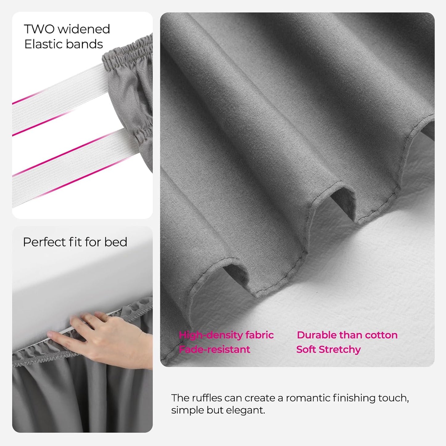 RIMELA Gray King Size Bed Skirt 15 Inch Drop, Elastic Bed Skirting Cal King, Light Grey Bedskirt for Adjustable Bed Base and Frame, Lightweight Wrap Around Dust Ruffle