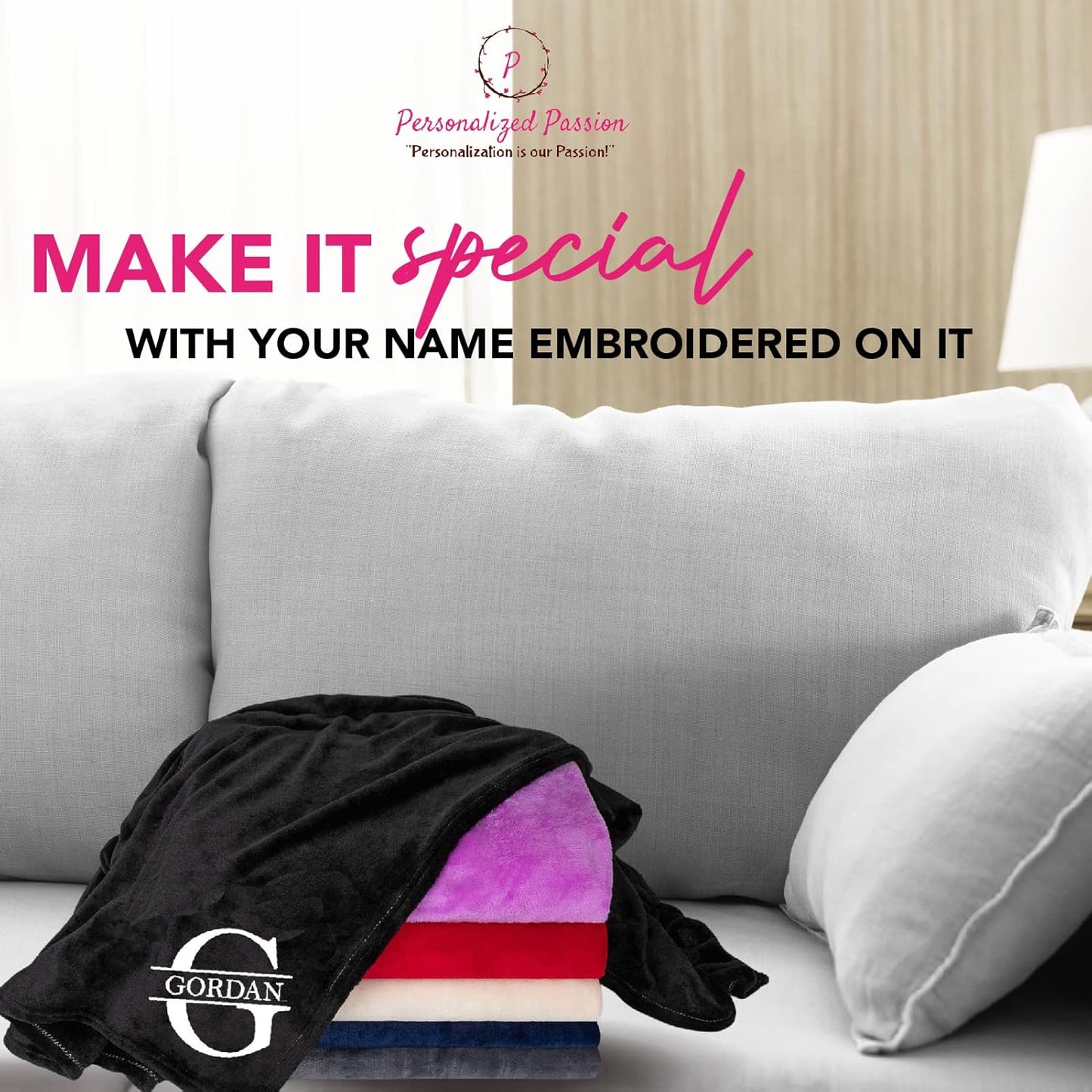 Personalized Passion Blankets with Custom Name & Initial Monogram - Super Soft and Cozy Fleece - Unisex Custom Blanket for Him and Her - 80x60 Inches - Black