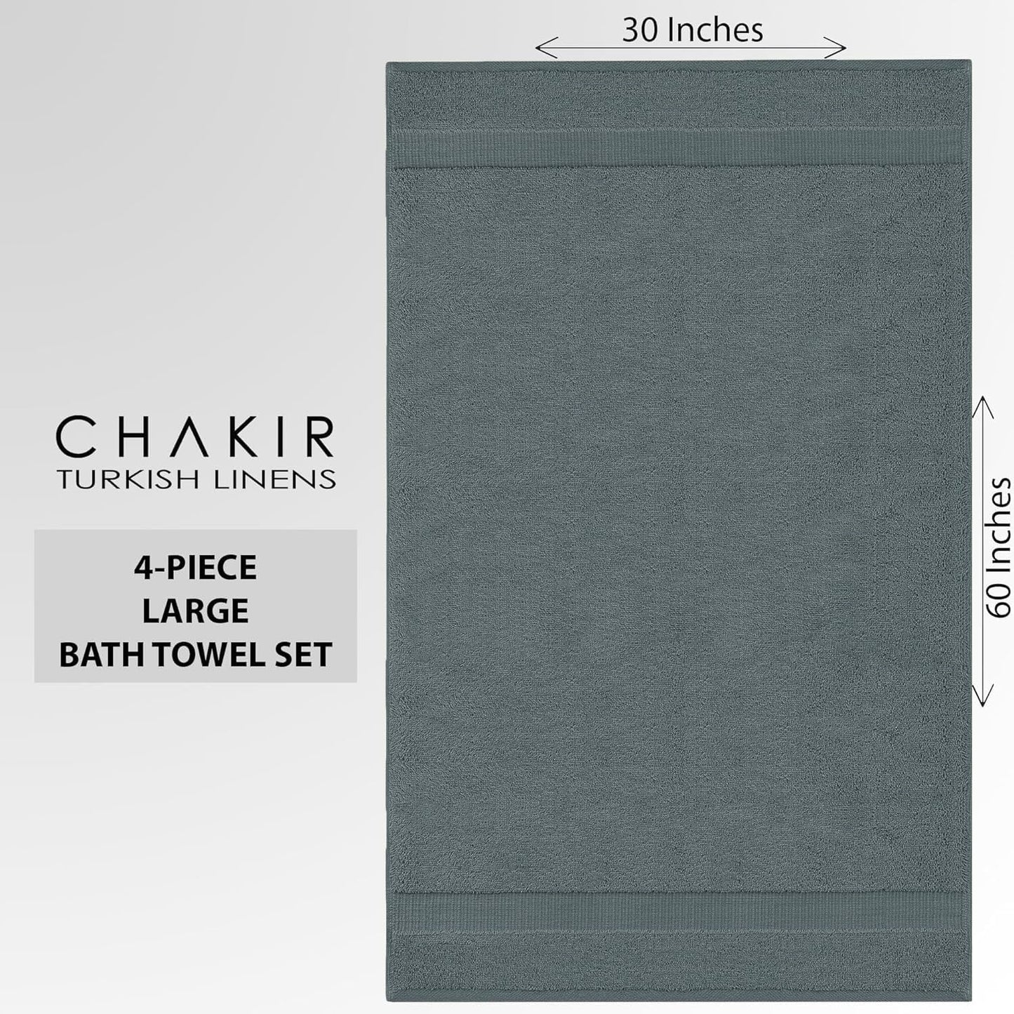Chakir Turkish Linens 100% Cotton Premium Turkish Towels for Bathroom | 30'' x 60'' Large Bath Towels (4 Piece, Dark Gray)