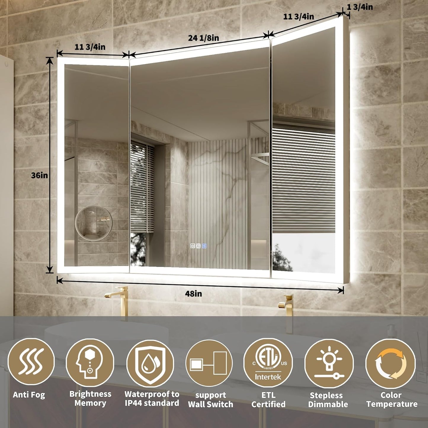 48x36 Trifold Bathroom Mirror with Lights with Removable Magnifier, 180° Foldable LED Mirror for Bathroom, Front&Backlit, Wall Mounted, Stepless Dimming, Color Temper Change, Anti Fog