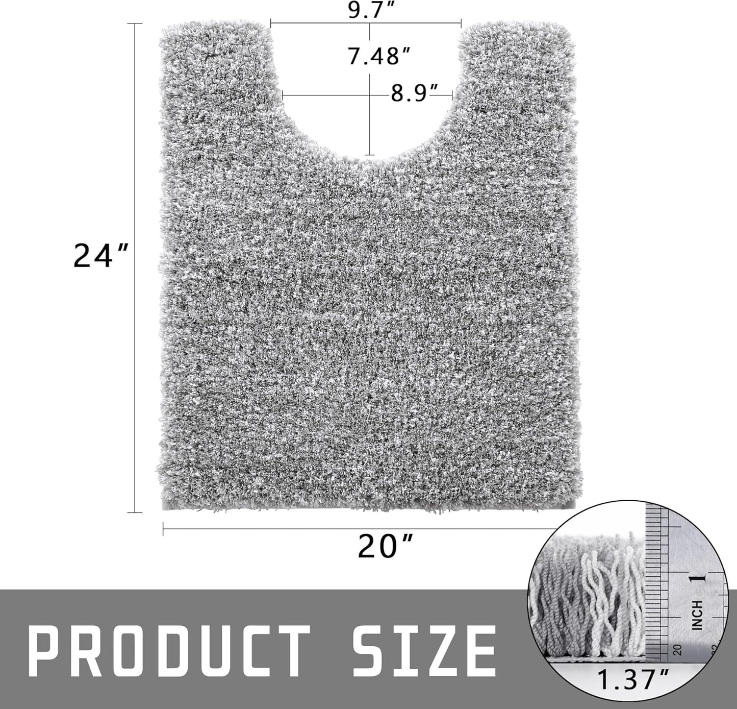 Yimobra Fluffy Toilet Rugs U Shaped, Shaggy Soft Comfortable Non Slip, Water Absorbent Microfiber Bath Mat, Dries Quickly, Machine Washable Thick Bathroom Floor Rugs, 24"x 20", Light Gray and White