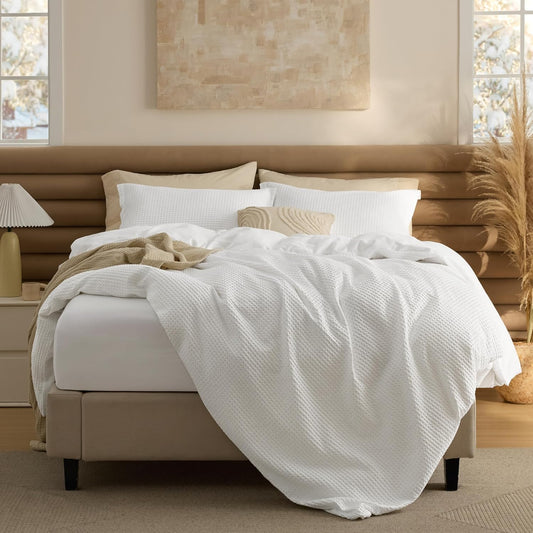 Bedsure 100% Cotton Duvet Cover Queen Size with Fitted Sheet - 4 Pieces Coconut White Waffle Weave Bedding Set, GentleSoft™ and Breathable, Includes 1 Duvet Cover 90x90, 1 Fitted Sheet, 2 Pillow Shams