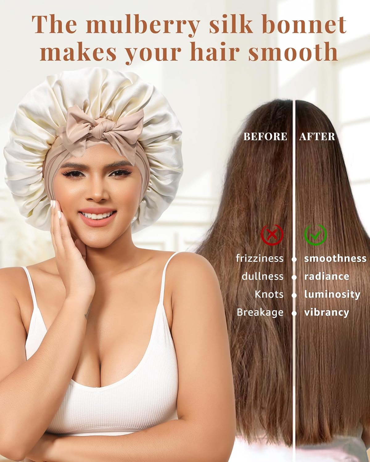AWAYTR Silk Bonnet for Sleeping Women 100% Mulberry Silk Bonnet with Band 2 Layer Reversible Hair Bonnet Sleeping Hair Wrap (Dark Brown/Light Champagne)