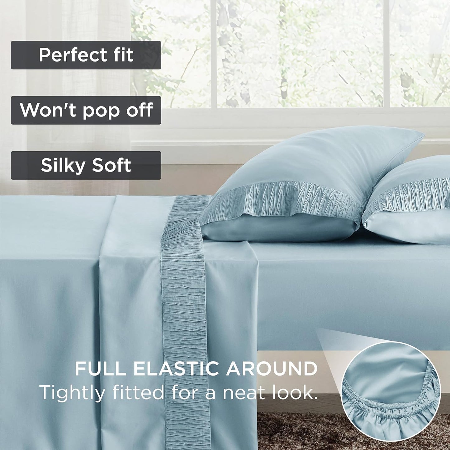 Bedsure Queen Sheet Set - 4 Pieces Soft Queen Size Sheets - Breathable & Cooling - Hotel Luxury - Easy Care Polyester Microfiber Bedding for Women, Men, Light Blue
