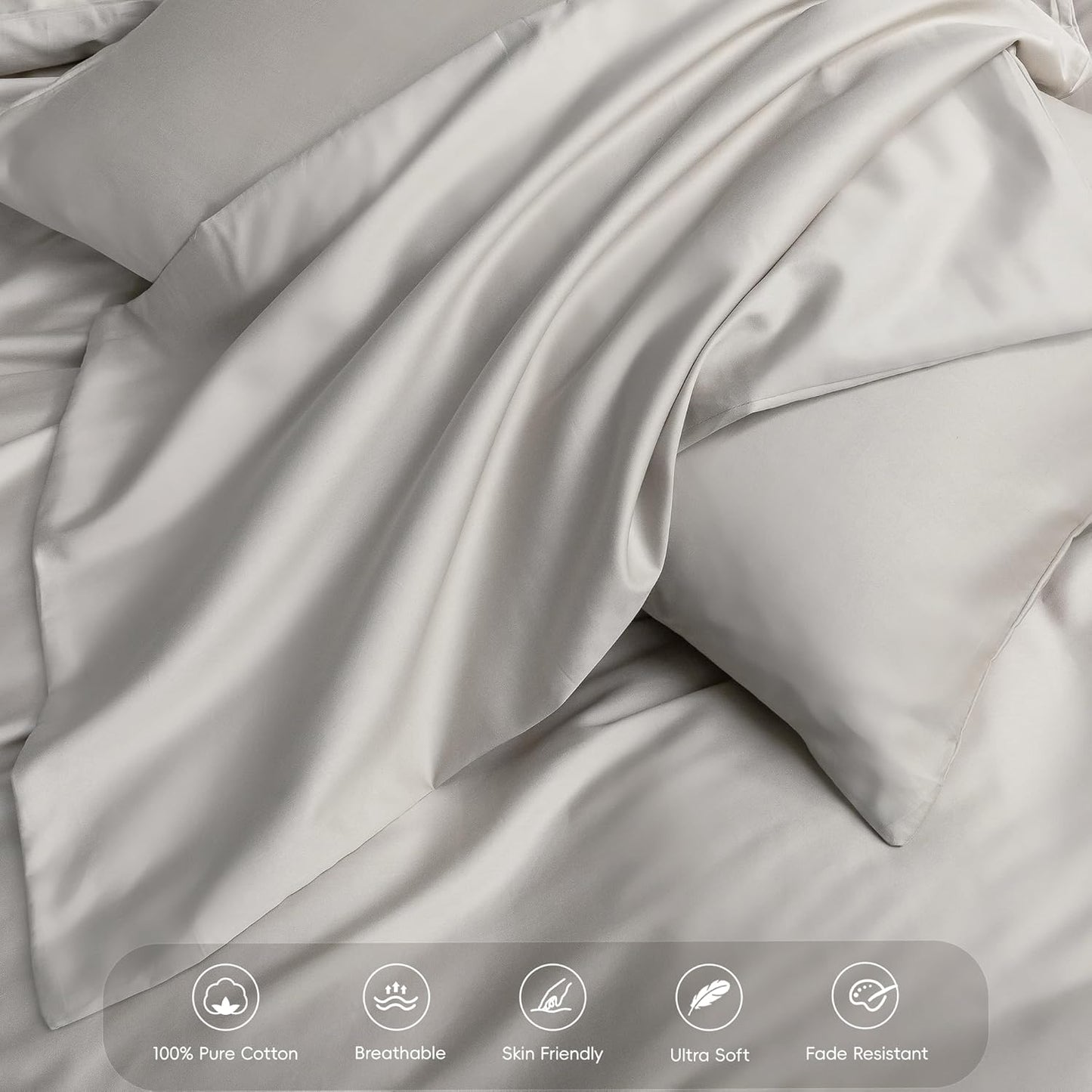 MooMee Duvet Cover Set 100% Extra Long Staple Cotton 600 Thread Count Silky Sateen Smooth Luxury Soft Breathable Durable Hotel Quality Bedding, 3 Pieces (Silver Gray, Queen 90"x90")