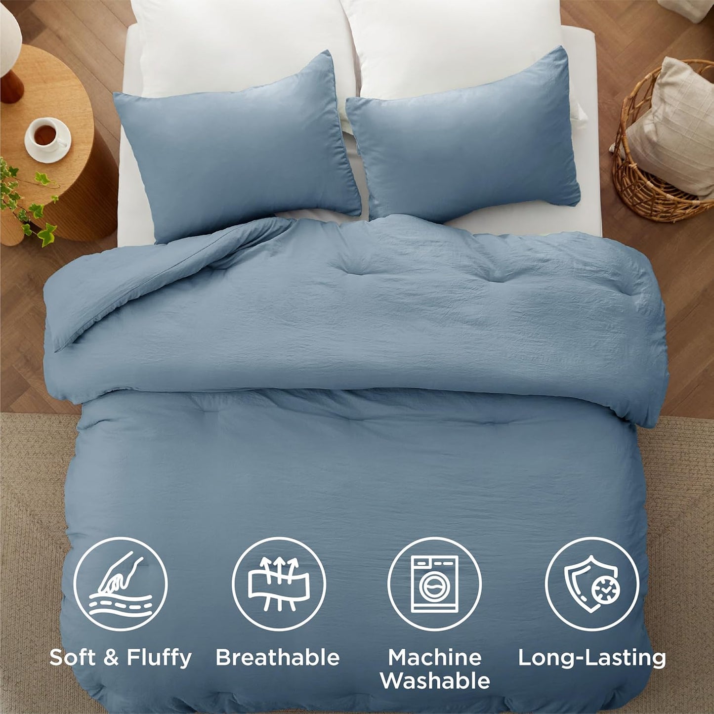 Bedsure Super King Plus Size Comforter Set, Grayish Blue Soft Prewashed Bedding for All Seasons, 3 Pieces GentleSoft™ Bed Set, 1 Lightweight Comforter (128"x120") and 2 Pillowcases (20"x36")