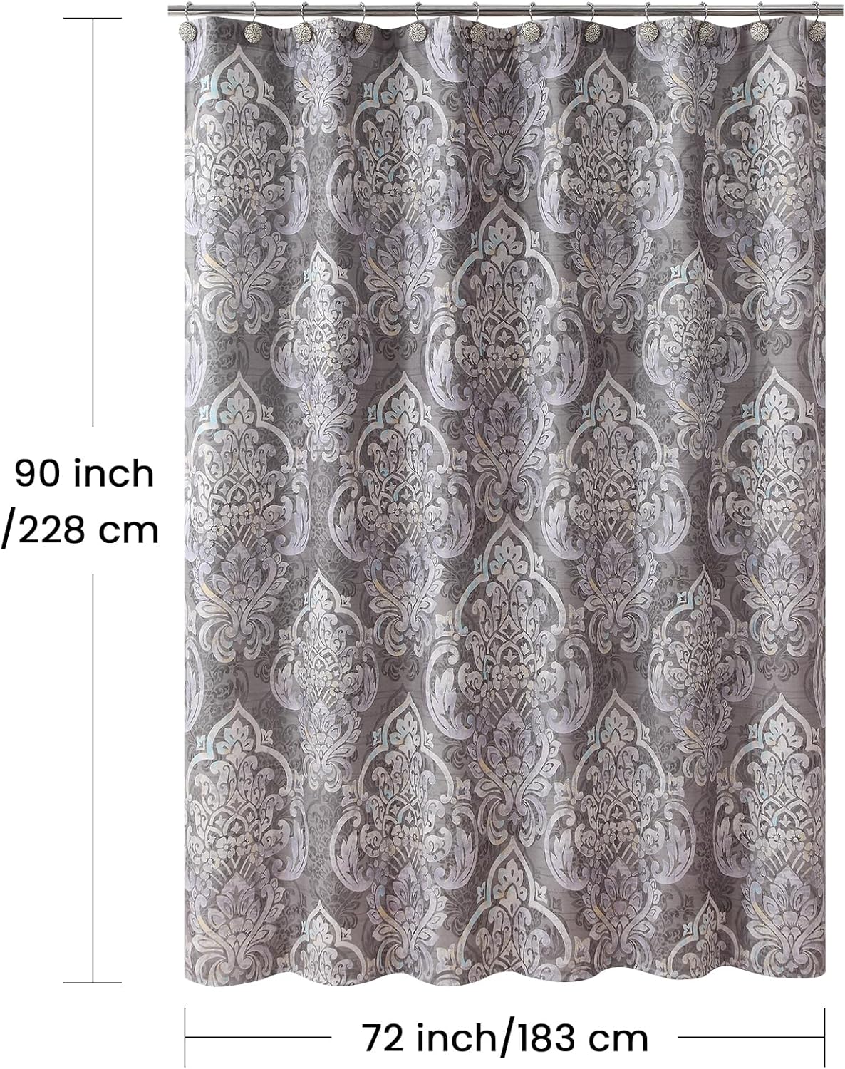 90 Inch Extra Long Shower Curtain, Gray Bath Curtain with Purple Baroque Medallions, Waterproof Hotel Quality Fabric, 72" W x 90" H