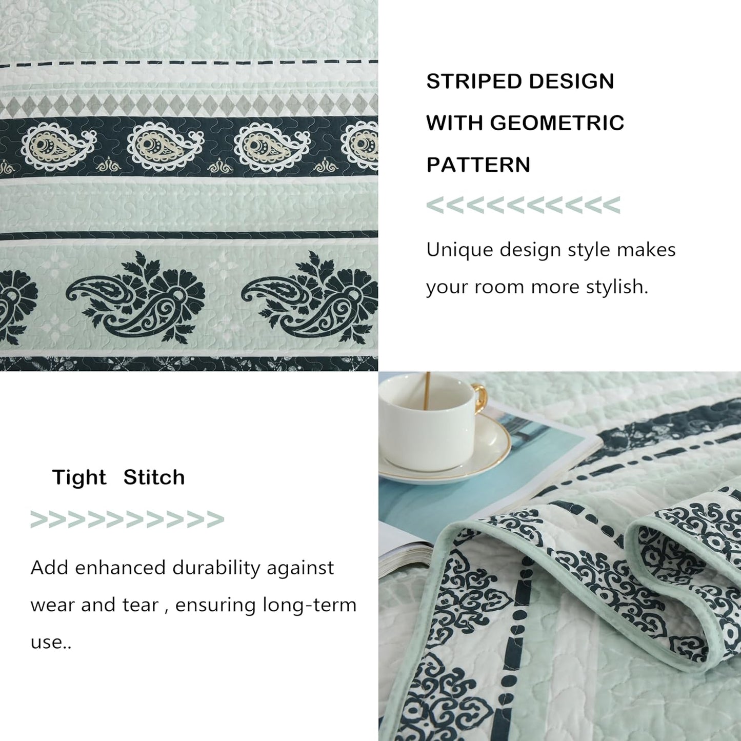 Green Queen Comforter Set, Cotton Quilt, Green Bedding Comforter Sets, Striped Pattern Queen Bedspread, Lightweight Reversible Coverlet All Season