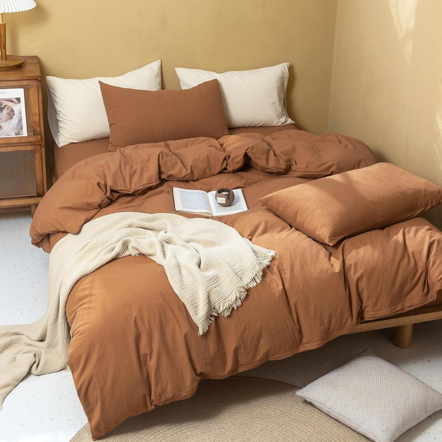 FOSSA Linen Duvet Cover Set 100% Washed Cotton Linen Feel Super Soft Breathable Cozy Simple Style 3 Pieces Bedding Sets Solid Dark Orange Queen