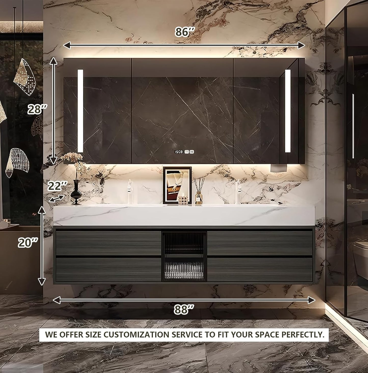 88IN Bathroom Vanity with Double Sink, Modern Bathroom Vanity with LED Smart Defog Mirror Cabinet & Integrated Ceramic Sink, Floating Vanities with Drawers and Glass Cabinet Door (Grey Wood)